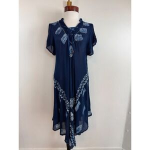 INGEAR Resort Beach Cover Up Dress Blue Batik Embroidered Boho Festival Pool OS‎